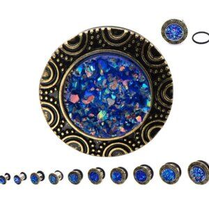 Single Flare Steel Plug with Dark Blue Druzy Inlay In A Brass Frame